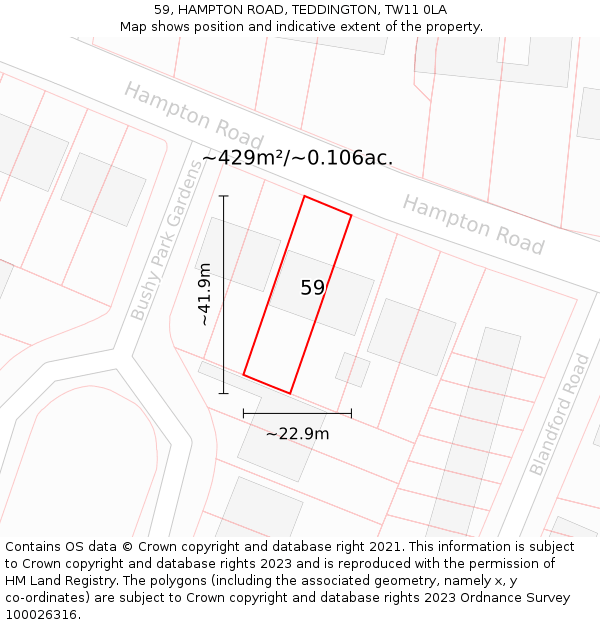 59, HAMPTON ROAD, TEDDINGTON, TW11 0LA: Plot and title map