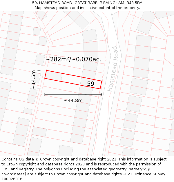 59, HAMSTEAD ROAD, GREAT BARR, BIRMINGHAM, B43 5BA: Plot and title map
