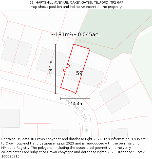 59, HARTSHILL AVENUE, OAKENGATES, TELFORD, TF2 6AP: Plot and title map