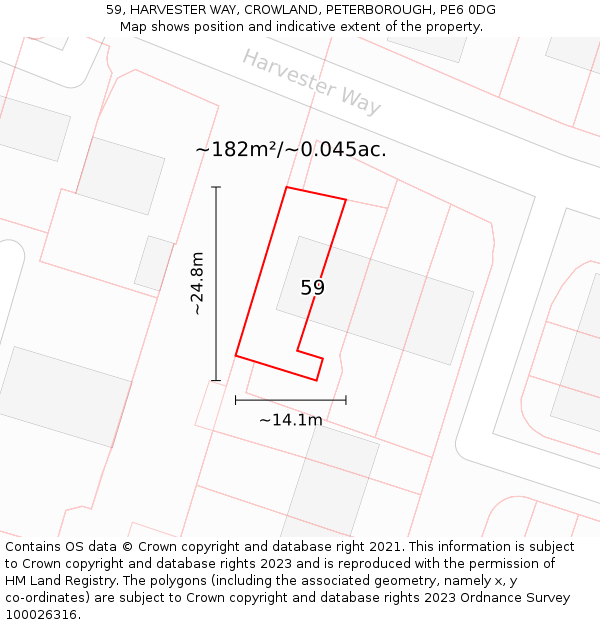 59, HARVESTER WAY, CROWLAND, PETERBOROUGH, PE6 0DG: Plot and title map