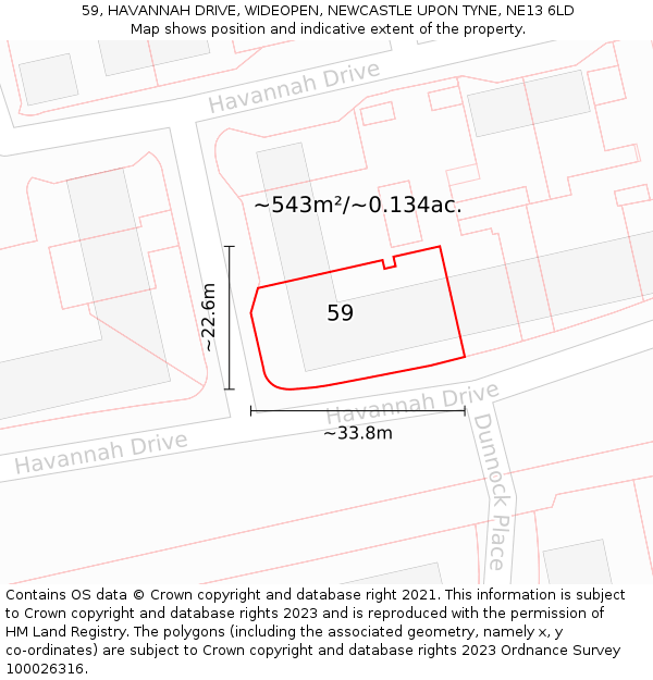 59, HAVANNAH DRIVE, WIDEOPEN, NEWCASTLE UPON TYNE, NE13 6LD: Plot and title map
