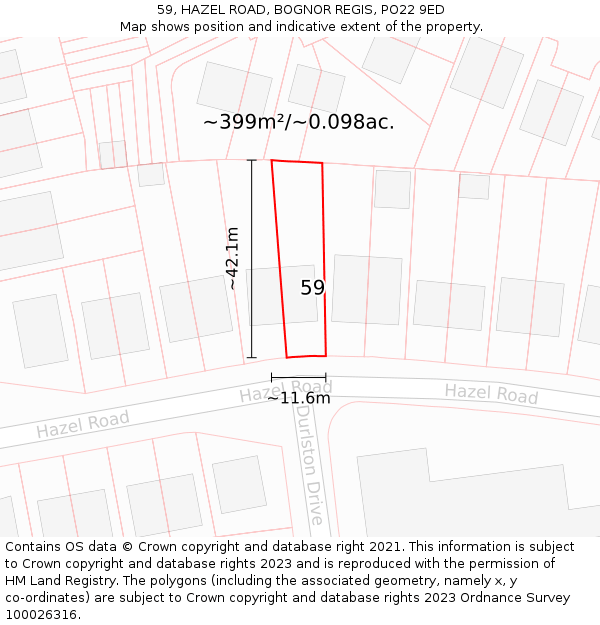 59, HAZEL ROAD, BOGNOR REGIS, PO22 9ED: Plot and title map