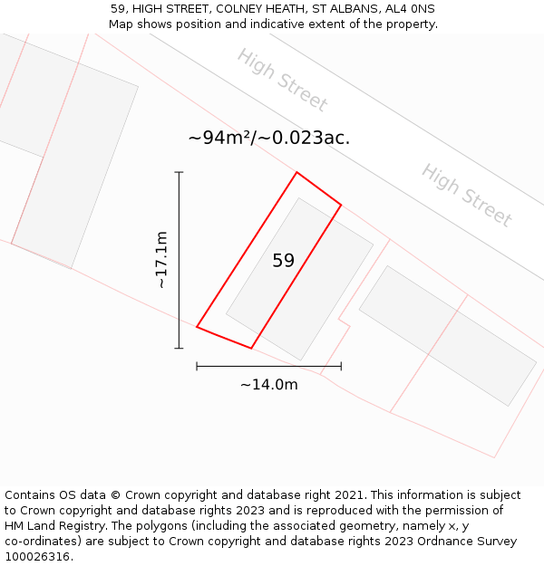 59, HIGH STREET, COLNEY HEATH, ST ALBANS, AL4 0NS: Plot and title map
