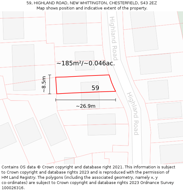 59, HIGHLAND ROAD, NEW WHITTINGTON, CHESTERFIELD, S43 2EZ: Plot and title map