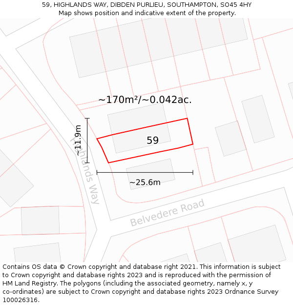 59, HIGHLANDS WAY, DIBDEN PURLIEU, SOUTHAMPTON, SO45 4HY: Plot and title map
