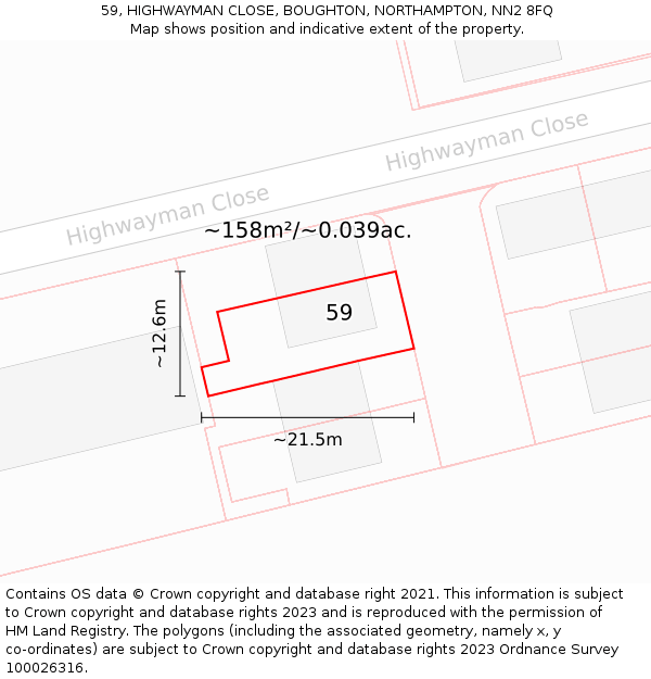 59, HIGHWAYMAN CLOSE, BOUGHTON, NORTHAMPTON, NN2 8FQ: Plot and title map
