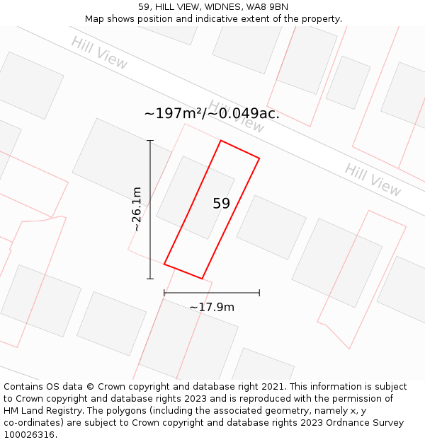 59, HILL VIEW, WIDNES, WA8 9BN: Plot and title map