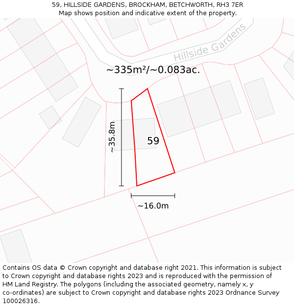 59, HILLSIDE GARDENS, BROCKHAM, BETCHWORTH, RH3 7ER: Plot and title map