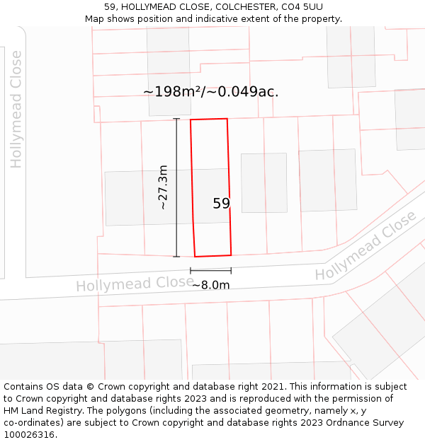59, HOLLYMEAD CLOSE, COLCHESTER, CO4 5UU: Plot and title map