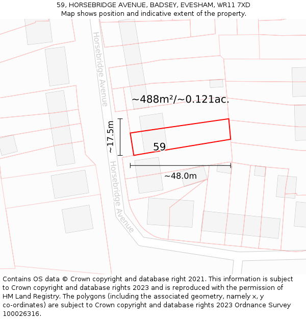 59, HORSEBRIDGE AVENUE, BADSEY, EVESHAM, WR11 7XD: Plot and title map