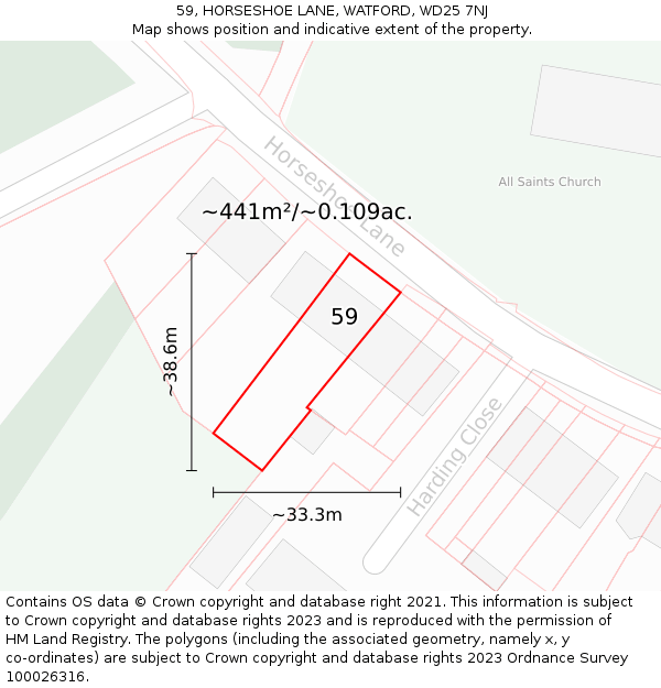 59, HORSESHOE LANE, WATFORD, WD25 7NJ: Plot and title map