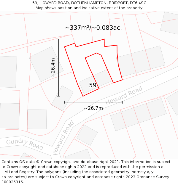 59, HOWARD ROAD, BOTHENHAMPTON, BRIDPORT, DT6 4SG: Plot and title map