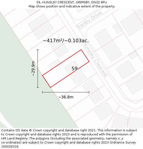 59, HUNSLEY CRESCENT, GRIMSBY, DN32 8PU: Plot and title map
