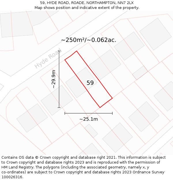 59, HYDE ROAD, ROADE, NORTHAMPTON, NN7 2LX: Plot and title map