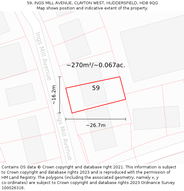 59, INGS MILL AVENUE, CLAYTON WEST, HUDDERSFIELD, HD8 9QG: Plot and title map
