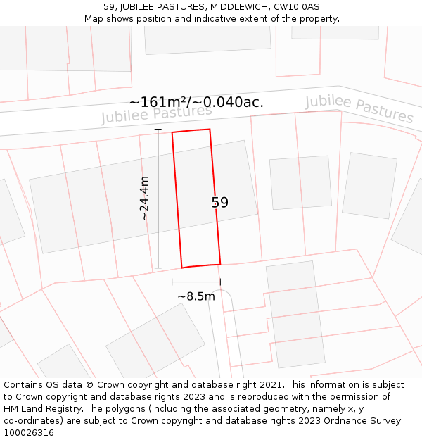 59, JUBILEE PASTURES, MIDDLEWICH, CW10 0AS: Plot and title map