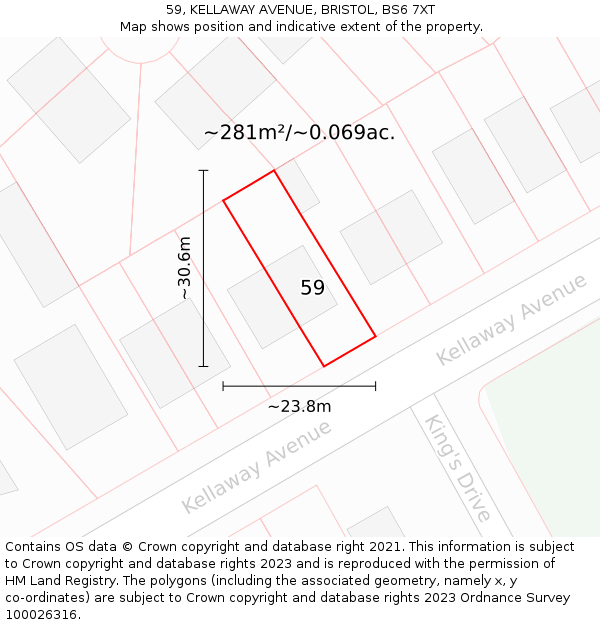 59, KELLAWAY AVENUE, BRISTOL, BS6 7XT: Plot and title map