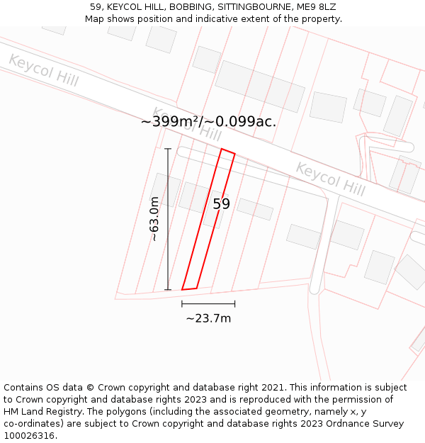 59, KEYCOL HILL, BOBBING, SITTINGBOURNE, ME9 8LZ: Plot and title map