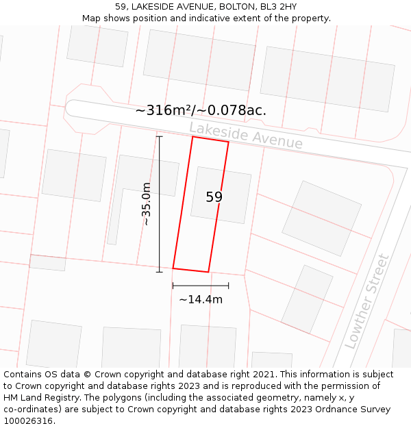 59, LAKESIDE AVENUE, BOLTON, BL3 2HY: Plot and title map