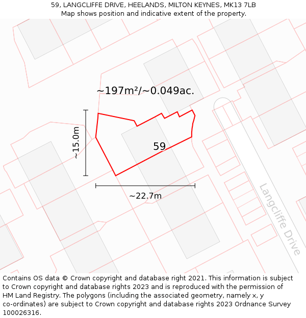 59, LANGCLIFFE DRIVE, HEELANDS, MILTON KEYNES, MK13 7LB: Plot and title map