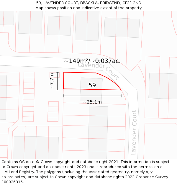 59, LAVENDER COURT, BRACKLA, BRIDGEND, CF31 2ND: Plot and title map