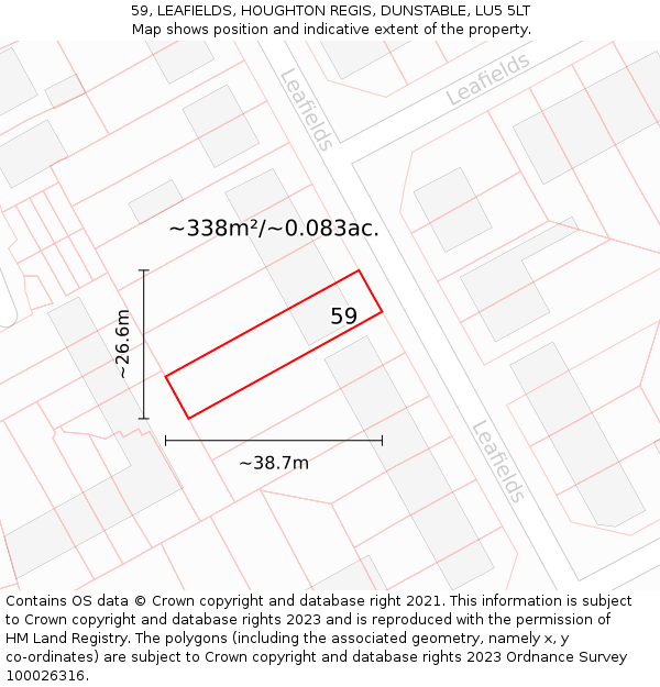 59, LEAFIELDS, HOUGHTON REGIS, DUNSTABLE, LU5 5LT: Plot and title map