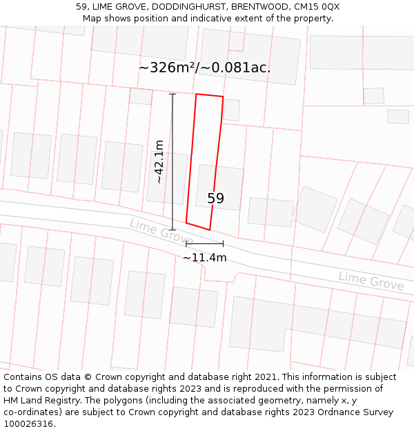 59, LIME GROVE, DODDINGHURST, BRENTWOOD, CM15 0QX: Plot and title map