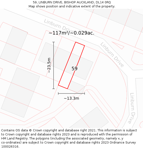 59, LINBURN DRIVE, BISHOP AUCKLAND, DL14 0RQ: Plot and title map