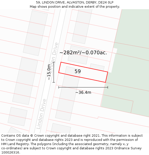 59, LINDON DRIVE, ALVASTON, DERBY, DE24 0LP: Plot and title map