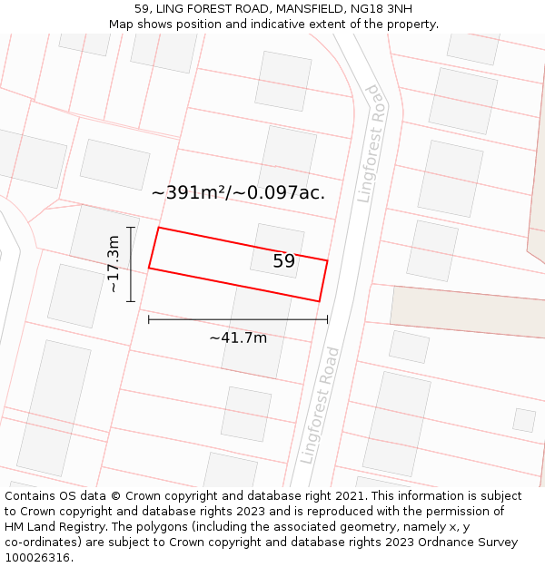 59, LING FOREST ROAD, MANSFIELD, NG18 3NH: Plot and title map