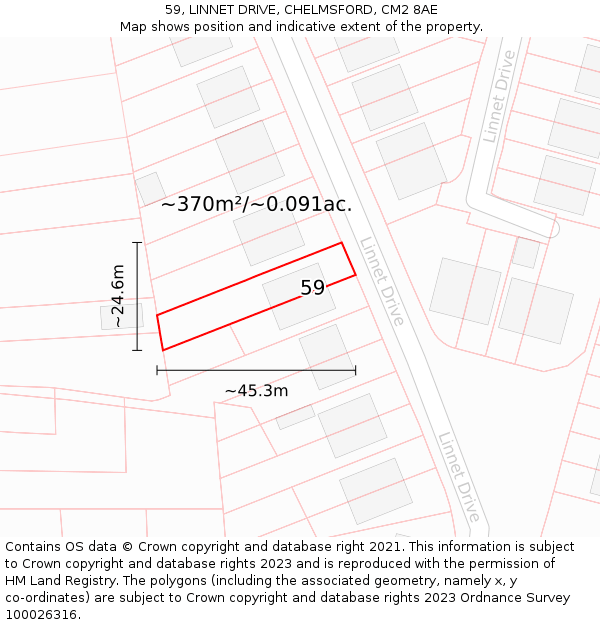 59, LINNET DRIVE, CHELMSFORD, CM2 8AE: Plot and title map