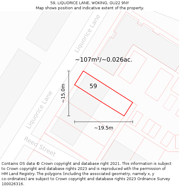 59, LIQUORICE LANE, WOKING, GU22 9NY: Plot and title map