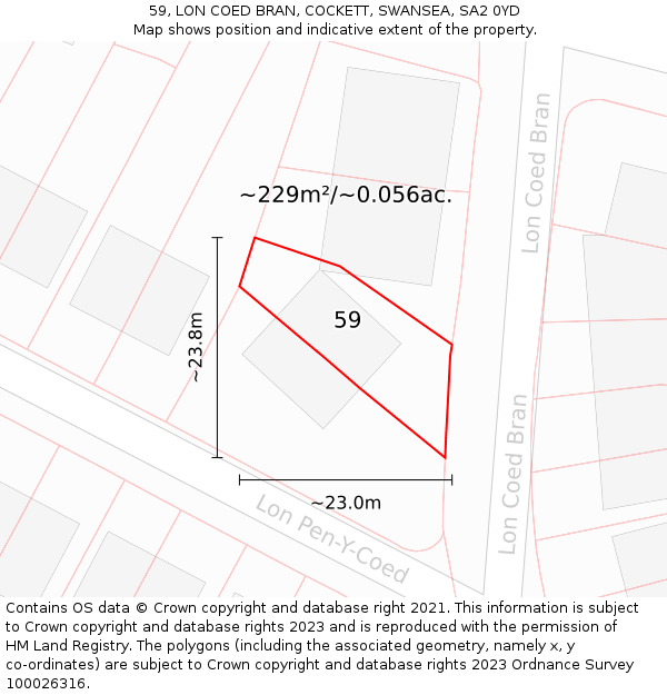 59, LON COED BRAN, COCKETT, SWANSEA, SA2 0YD: Plot and title map