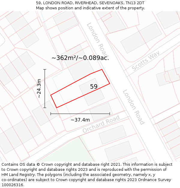 59, LONDON ROAD, RIVERHEAD, SEVENOAKS, TN13 2DT: Plot and title map