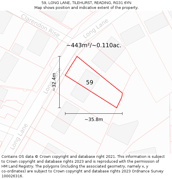 59, LONG LANE, TILEHURST, READING, RG31 6YN: Plot and title map