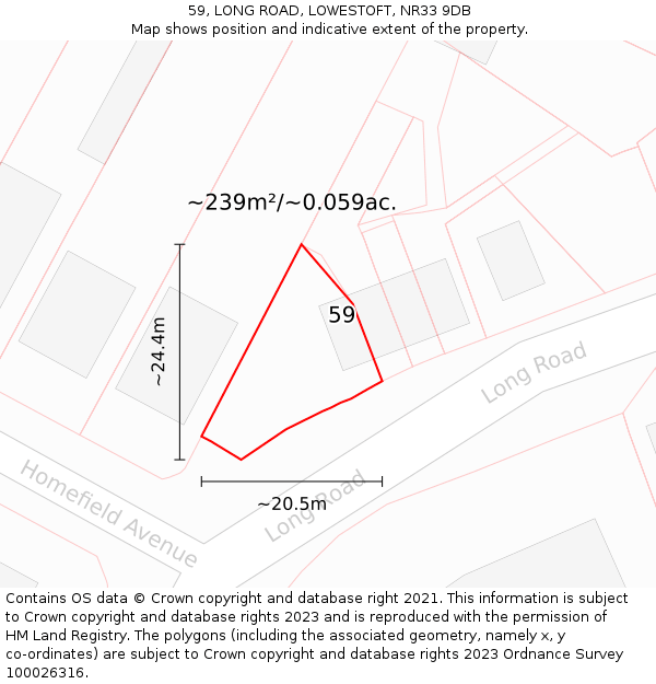 59, LONG ROAD, LOWESTOFT, NR33 9DB: Plot and title map