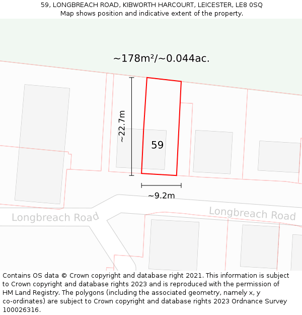 59, LONGBREACH ROAD, KIBWORTH HARCOURT, LEICESTER, LE8 0SQ: Plot and title map