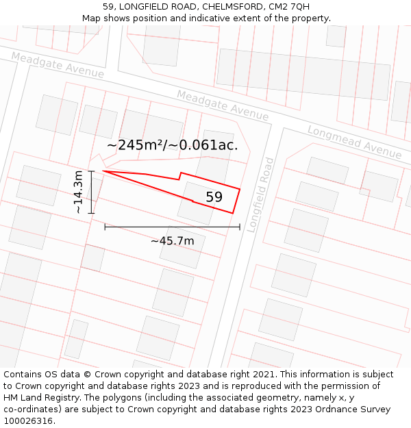59, LONGFIELD ROAD, CHELMSFORD, CM2 7QH: Plot and title map