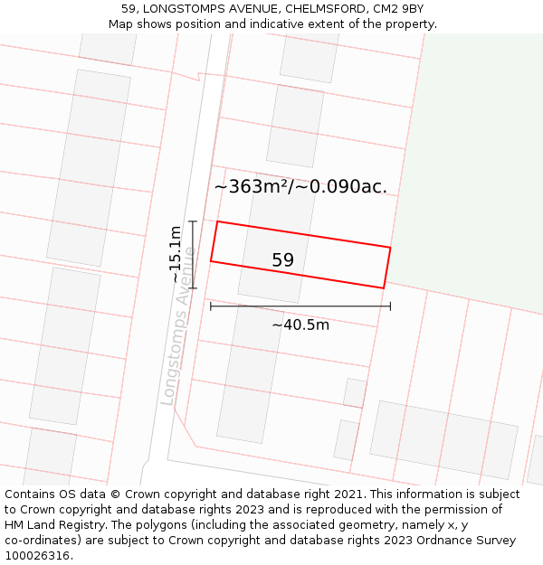 59, LONGSTOMPS AVENUE, CHELMSFORD, CM2 9BY: Plot and title map