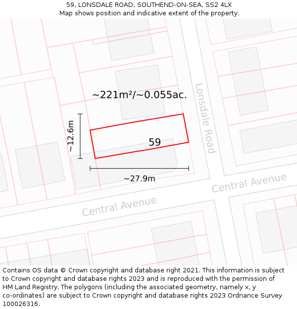 59, LONSDALE ROAD, SOUTHEND-ON-SEA, SS2 4LX: Plot and title map