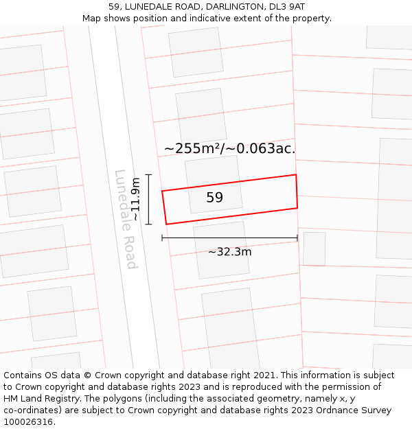 59, LUNEDALE ROAD, DARLINGTON, DL3 9AT: Plot and title map