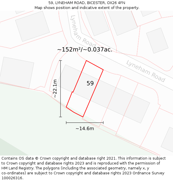 59, LYNEHAM ROAD, BICESTER, OX26 4FN: Plot and title map