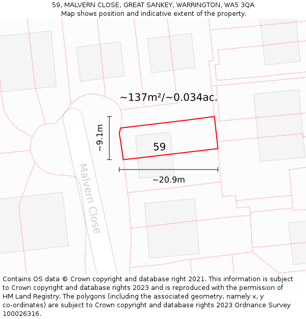 59, MALVERN CLOSE, GREAT SANKEY, WARRINGTON, WA5 3QA: Plot and title map