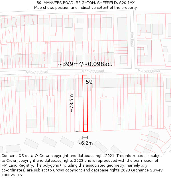 59, MANVERS ROAD, BEIGHTON, SHEFFIELD, S20 1AX: Plot and title map