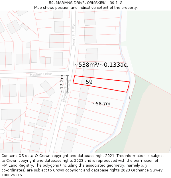 59, MARIANS DRIVE, ORMSKIRK, L39 1LG: Plot and title map