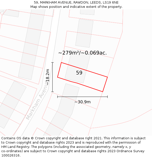 59, MARKHAM AVENUE, RAWDON, LEEDS, LS19 6NE: Plot and title map