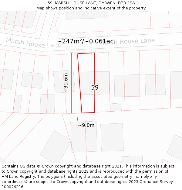 59, MARSH HOUSE LANE, DARWEN, BB3 3SA: Plot and title map