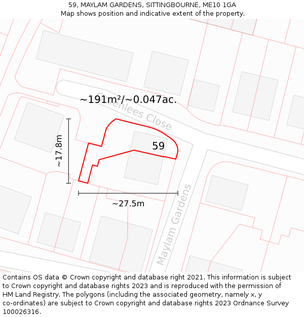 59, MAYLAM GARDENS, SITTINGBOURNE, ME10 1GA: Plot and title map