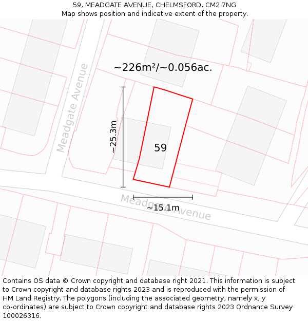 59, MEADGATE AVENUE, CHELMSFORD, CM2 7NG: Plot and title map