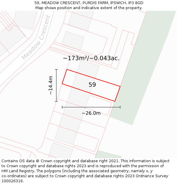 59, MEADOW CRESCENT, PURDIS FARM, IPSWICH, IP3 8GD: Plot and title map